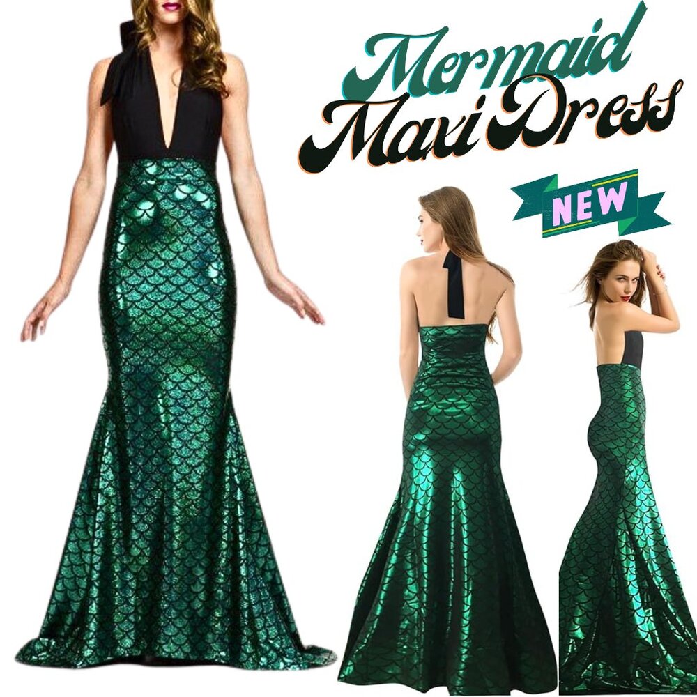 NEW HOT! Mermaid Stretch Halter Maxi Gown Dress - For Halloween & Beyond! Size S